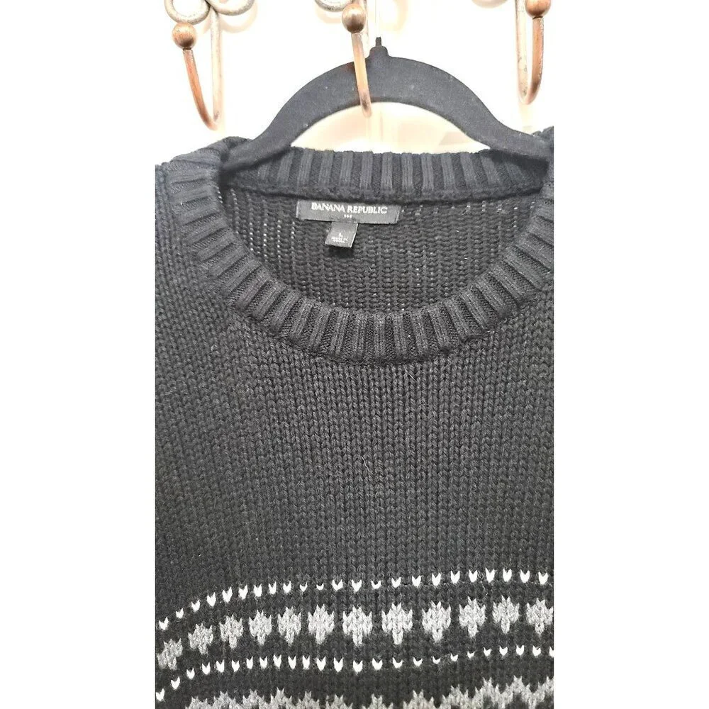 Banana Republic Sweater Mens Large Black Gray Fair Isle Wool Blend Knit Crewneck